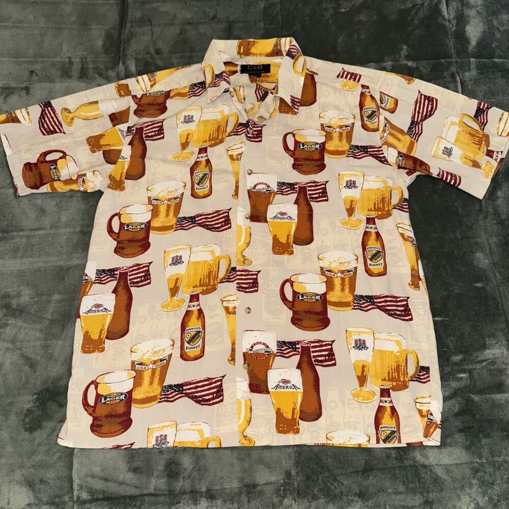 C&B Sport By Croft & Barrow Hawaiian Shirt Men's Medium Beige Beer USA Flag